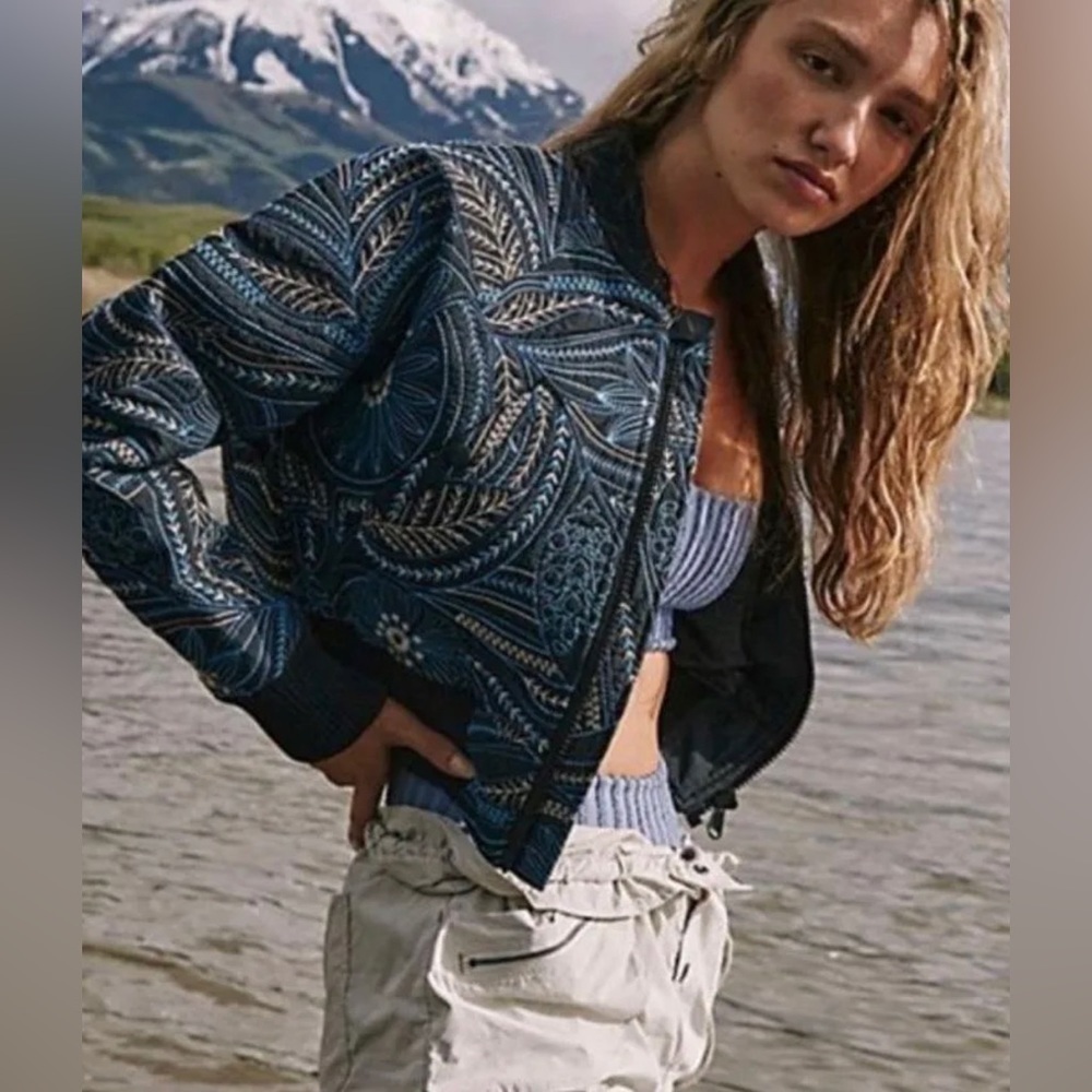 Free People FP Movement Stitched Garden Party Bomber Jacket Size Small NWOT